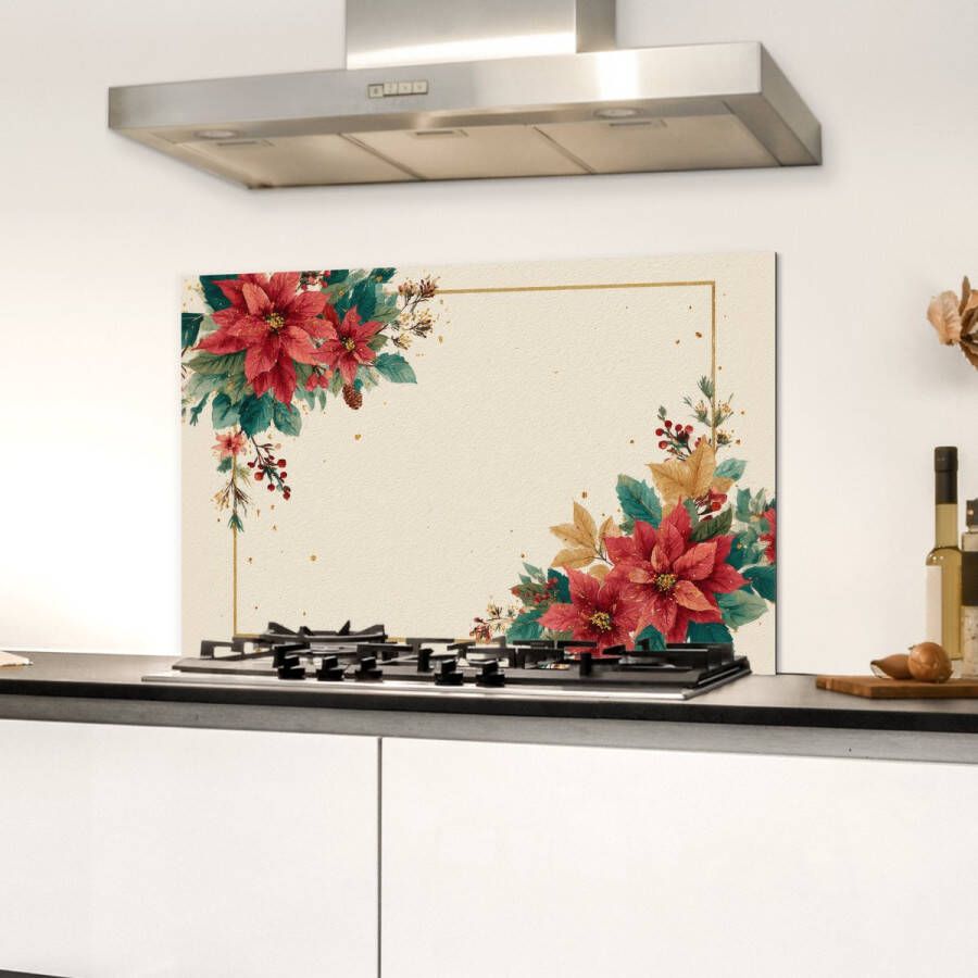 KitchenYeah Spatscherm keuken 70x50 cm Kookplaat achterwand Kerst Poinsettia Omlijsting Kleurrijk Muurbeschermer Spatwand fornuis Hoogwaardig aluminium