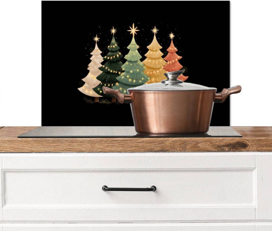 KitchenYeah Spatscherm keuken 70x50 cm Kookplaat achterwand Kerstbomen Kleurrijk Lichtjes Ster Muurbeschermer Spatwand fornuis Hoogwaardig aluminium