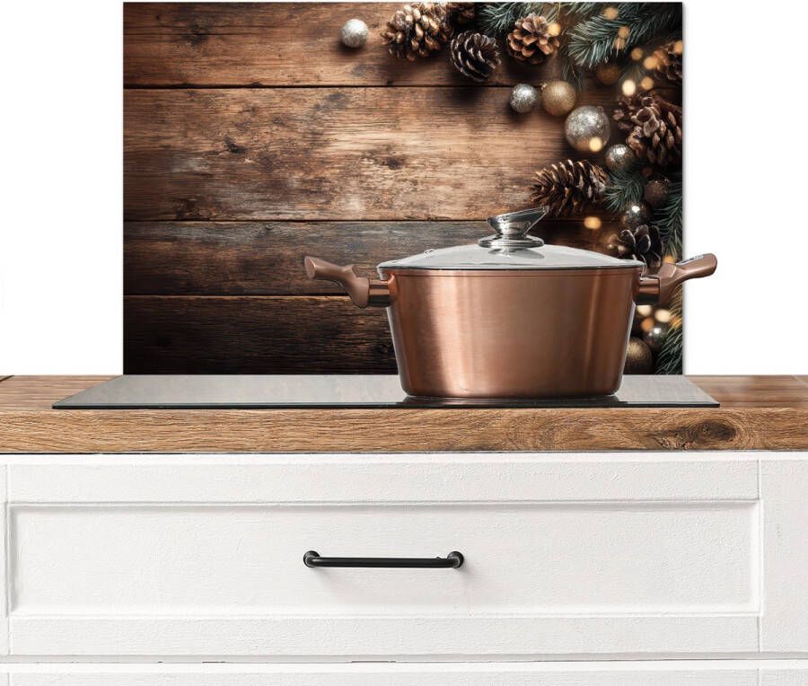 KitchenYeah Spatscherm keuken 70x50 cm Kookplaat achterwand Kersthoekdecoratie Dennenappels Lichtjes Muurbeschermer Spatwand fornuis Hoogwaardig aluminium