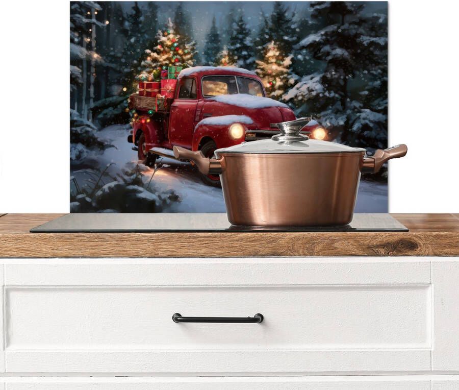 KitchenYeah Spatscherm keuken 70x50 cm Kookplaat achterwand Kersttruck Sneeuwbos Rood Muurbeschermer Spatwand fornuis Hoogwaardig aluminium