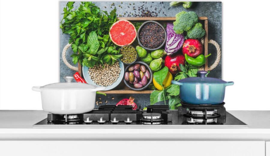 KitchenYeah Spatscherm keuken 70x50 cm Kookplaat achterwand Kist Fruit Gezond Muurbeschermer Spatwand fornuis Hoogwaardig aluminium