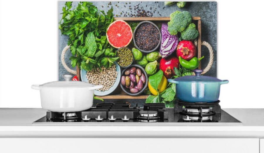 KitchenYeah Spatscherm keuken 70x50 cm Kookplaat achterwand Kist Fruit Gezond Muurbeschermer Spatwand fornuis Hoogwaardig aluminium