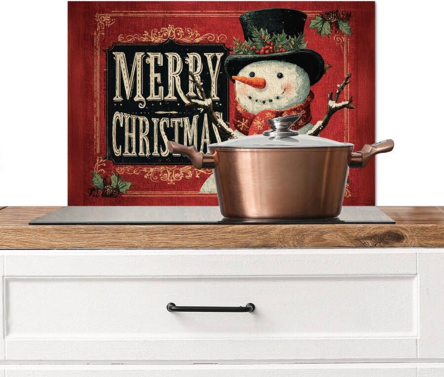 KitchenYeah Spatscherm keuken 70x50 cm Kookplaat achterwand Klassiek Kerstgroet Sneeuwpop Rood Muurbeschermer Spatwand fornuis Hoogwaardig aluminium