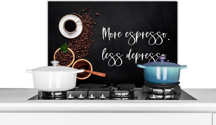 KitchenYeah Spatscherm keuken 70x50 cm Kookplaat achterwand Koffie More espresso Less depresso Quotes Spreuken Muurbeschermer Spatwand fornuis Hoogwaardig aluminium