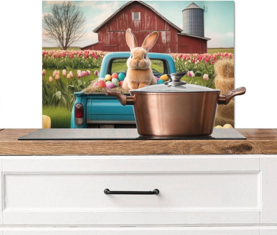KitchenYeah Spatscherm keuken 70x50 cm Kookplaat achterwand Konijn Boerderij Eieren Muurbeschermer Spatwand fornuis Hoogwaardig aluminium