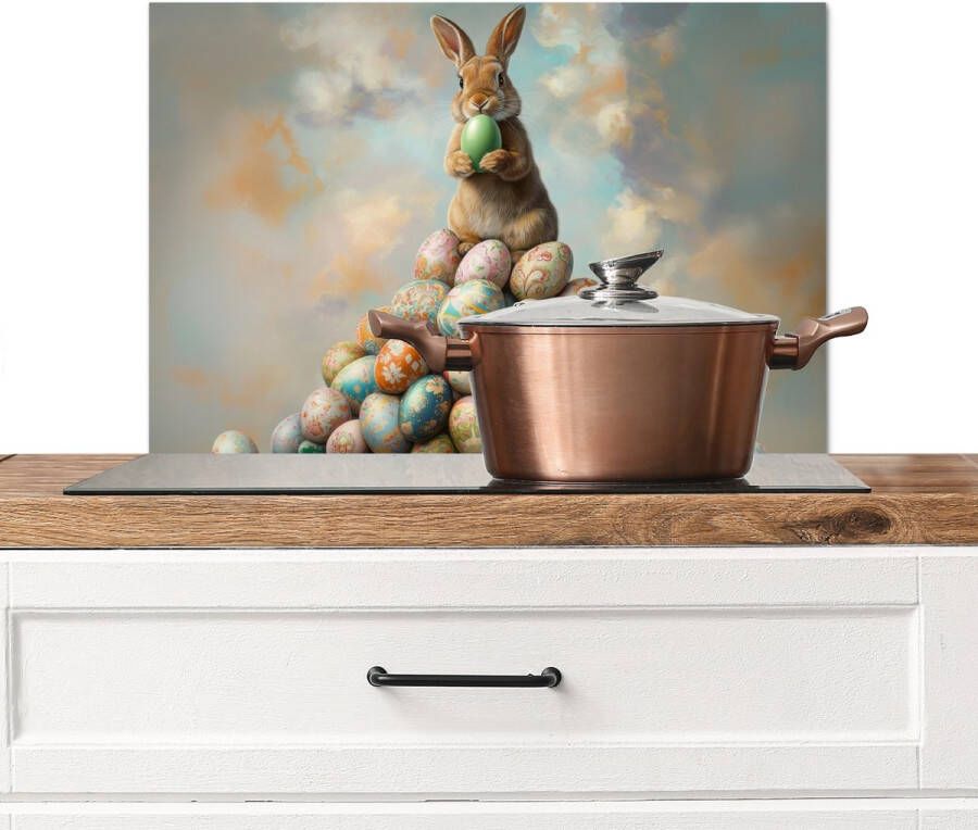 KitchenYeah Spatscherm keuken 70x50 cm Kookplaat achterwand Konijn Eieren Kleurrijk Muurbeschermer Spatwand fornuis Hoogwaardig aluminium