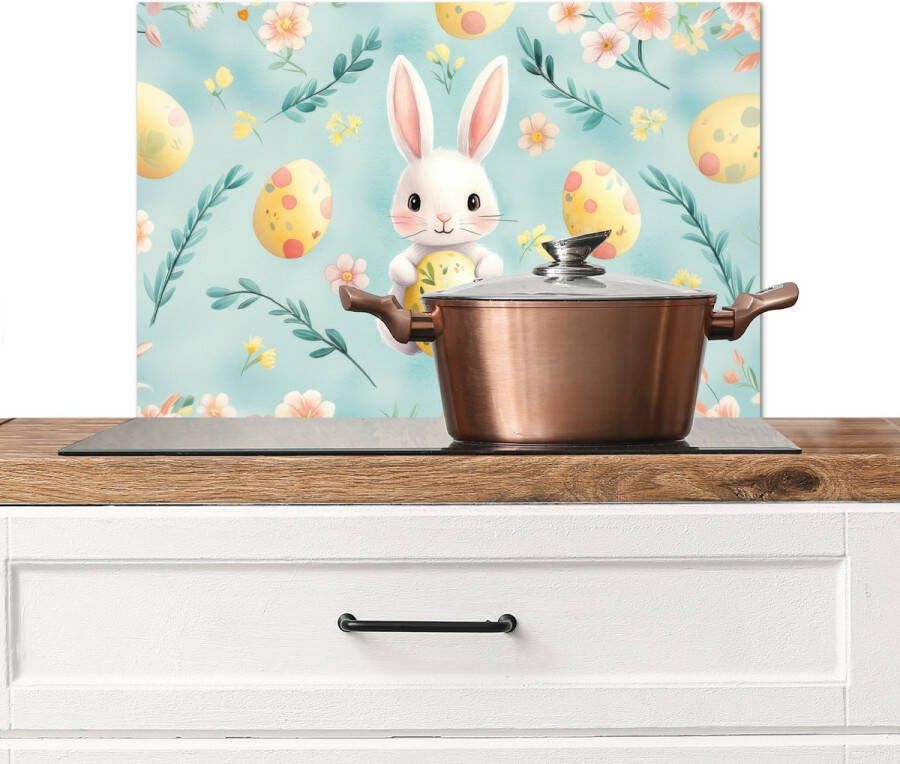 KitchenYeah Spatscherm keuken 70x50 cm Kookplaat achterwand Konijn Eieren Takjes Muurbeschermer Spatwand fornuis Hoogwaardig aluminium
