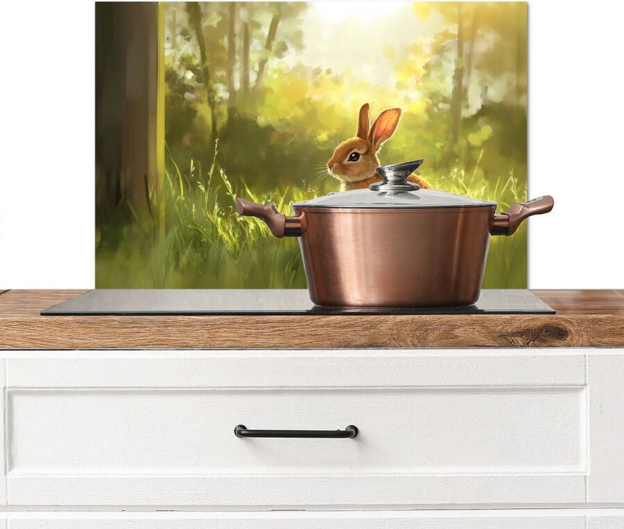 KitchenYeah Spatscherm keuken 70x50 cm Kookplaat achterwand Konijn Zonlicht Bos Muurbeschermer Spatwand fornuis Hoogwaardig aluminium