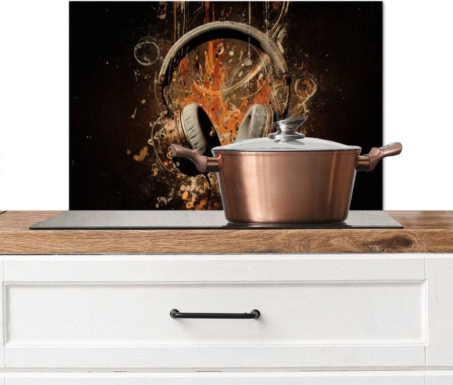 KitchenYeah Spatscherm keuken 70x50 cm Kookplaat achterwand Koptelefoon Bruin Dynamische penseelstreken Muurbeschermer Spatwand fornuis Hoogwaardig aluminium