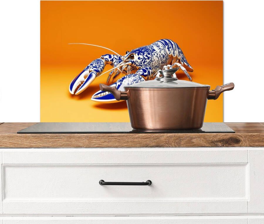 KitchenYeah Spatscherm keuken 70x50 cm Kookplaat achterwand Kreeft Delftsblauw Schild Stoer Oranje Muurbeschermer Spatwand fornuis Hoogwaardig aluminium