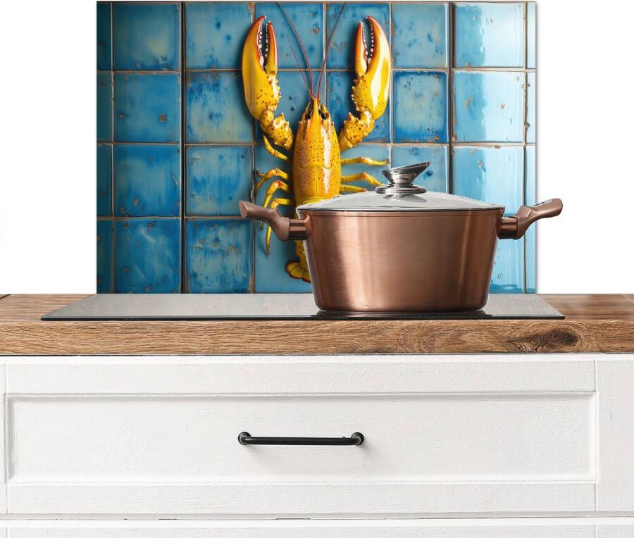 KitchenYeah Spatscherm keuken 70x50 cm Kookplaat achterwand Kreeft Geel Blauw Tegels Muurbeschermer Spatwand fornuis Hoogwaardig aluminium