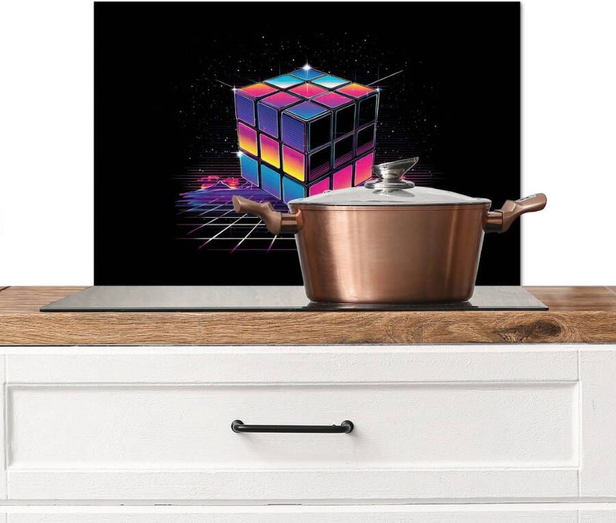 KitchenYeah Spatscherm keuken 70x50 cm Kookplaat achterwand Kubus Kleurrijk Raster Muurbeschermer Spatwand fornuis Hoogwaardig aluminium