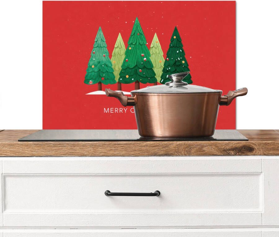 KitchenYeah Spatscherm keuken 70x50 cm Kookplaat achterwand Minimalistisch Kerstbomen Rood Sneeuw Muurbeschermer Spatwand fornuis Hoogwaardig aluminium