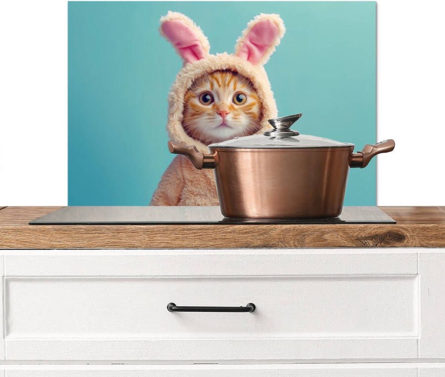 KitchenYeah Spatscherm keuken 70x50 cm Kookplaat achterwand Paashaas Kat Kostuum Muurbeschermer Spatwand fornuis Hoogwaardig aluminium