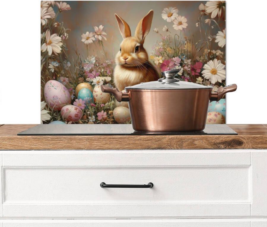 KitchenYeah Spatscherm keuken 70x50 cm Kookplaat achterwand Paashaas Lente Paaseieren Muurbeschermer Spatwand fornuis Hoogwaardig aluminium