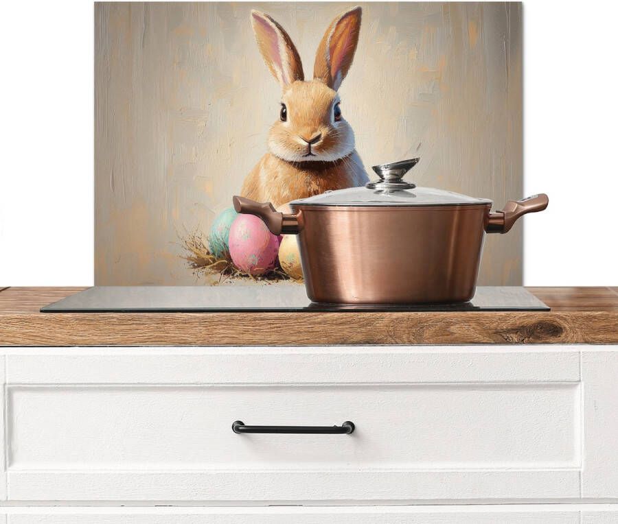 KitchenYeah Spatscherm keuken 70x50 cm Kookplaat achterwand Paashaas Pastel Eieren Muurbeschermer Spatwand fornuis Hoogwaardig aluminium