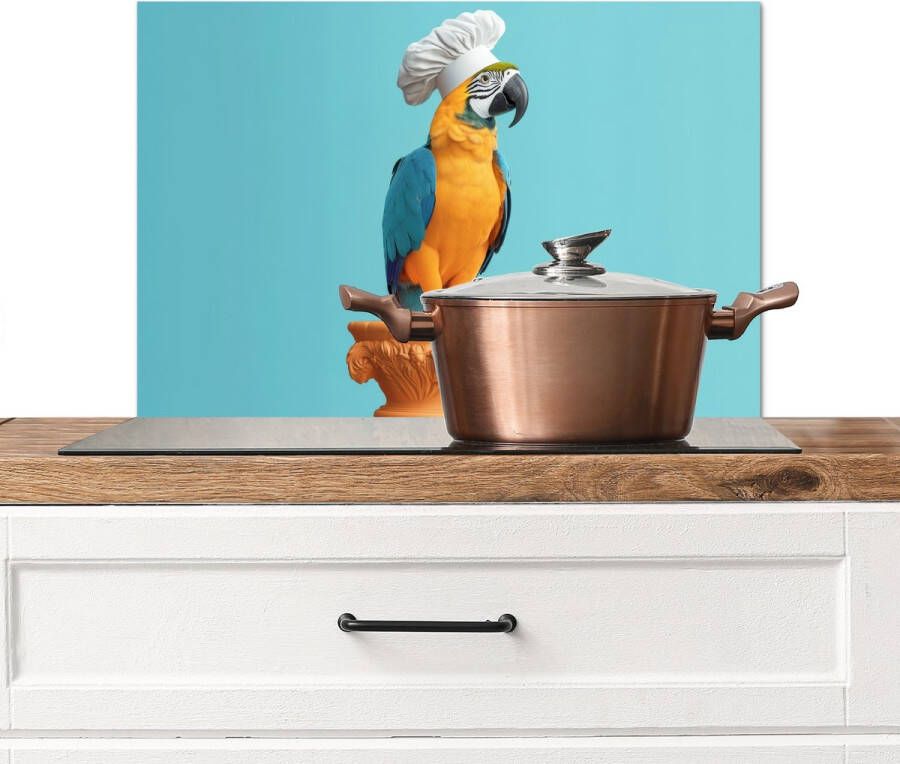 KitchenYeah Spatscherm keuken 70x50 cm Kookplaat achterwand Papegaai Koksmuts Grappig Vogel Muurbeschermer Spatwand fornuis Hoogwaardig aluminium