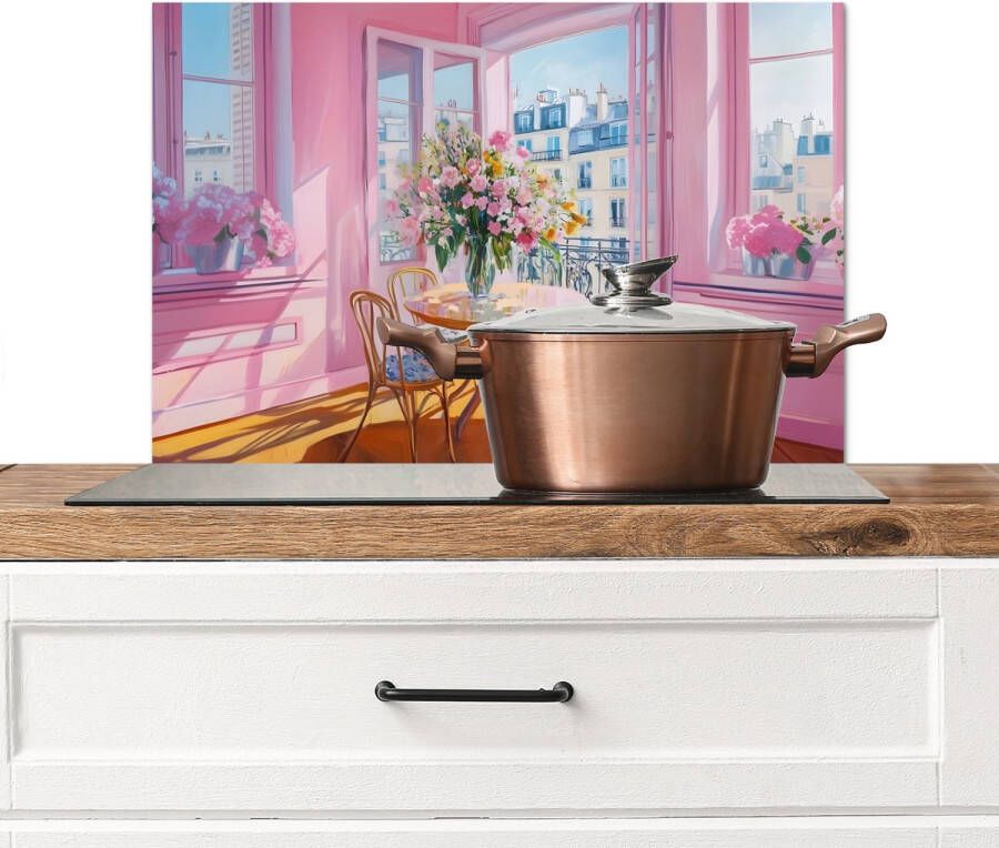 KitchenYeah Spatscherm keuken 70x50 cm Kookplaat achterwand Pink City Bloemen Muurbeschermer Spatwand fornuis Hoogwaardig aluminium