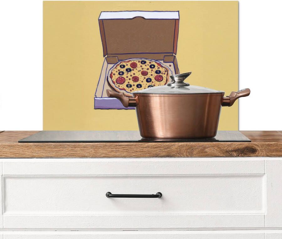 KitchenYeah Spatscherm keuken 70x50 cm Kookplaat achterwand Pizza Doos Salami Illustratie Muurbeschermer Spatwand fornuis Hoogwaardig aluminium