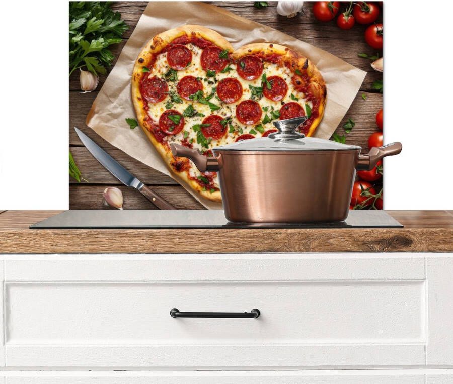 KitchenYeah Spatscherm keuken 70x50 cm Kookplaat achterwand Pizza Hart Pepperoni Tomaat Muurbeschermer Spatwand fornuis Hoogwaardig aluminium