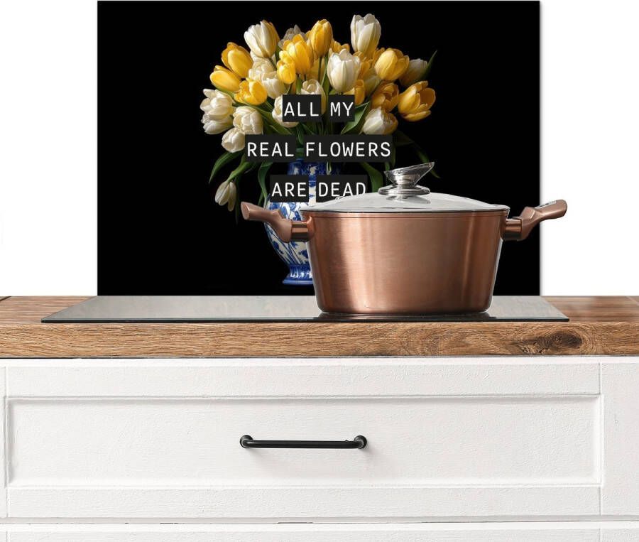 KitchenYeah Spatscherm keuken 70x50 cm Kookplaat achterwand Quotes Bloem Tulp Geel Muurbeschermer Spatwand fornuis Hoogwaardig aluminium