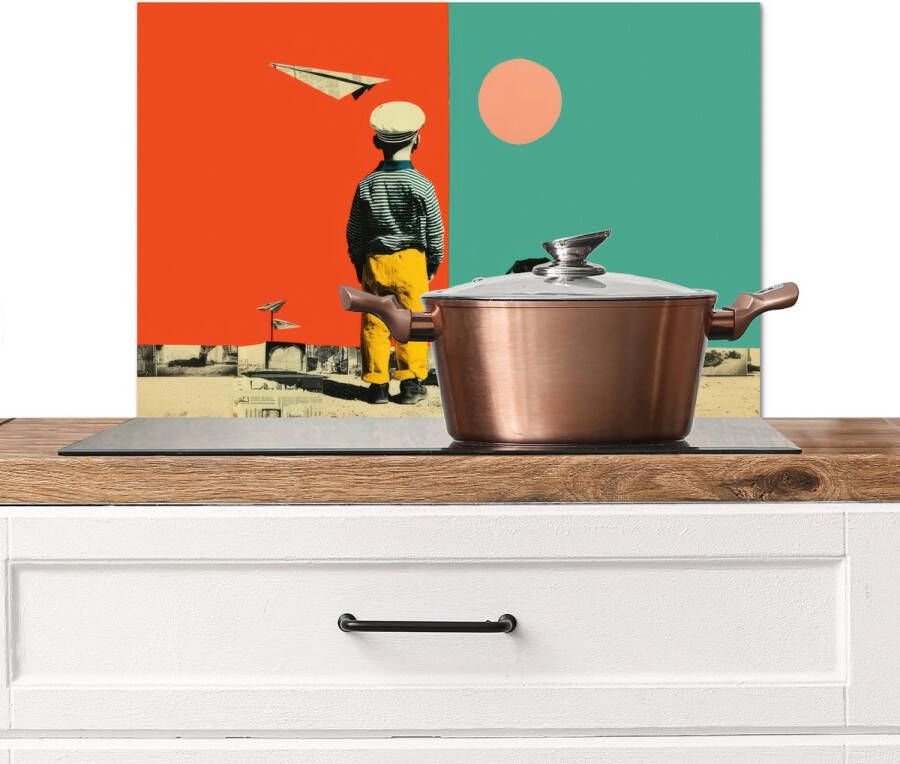 KitchenYeah Spatscherm keuken 70x50 cm Kookplaat achterwand Retro Jongen Hond Rood Groen Muurbeschermer Spatwand fornuis Hoogwaardig aluminium