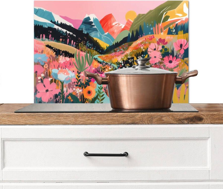 KitchenYeah Spatscherm keuken 70x50 cm Kookplaat achterwand Rivier Diepte Bloemen Muurbeschermer Spatwand fornuis Hoogwaardig aluminium