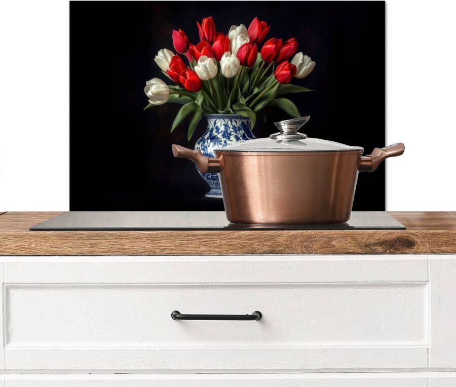 KitchenYeah Spatscherm keuken 70x50 cm Kookplaat achterwand Rode Bloemen Tulpen Vaas Muurbeschermer Spatwand fornuis Hoogwaardig aluminium