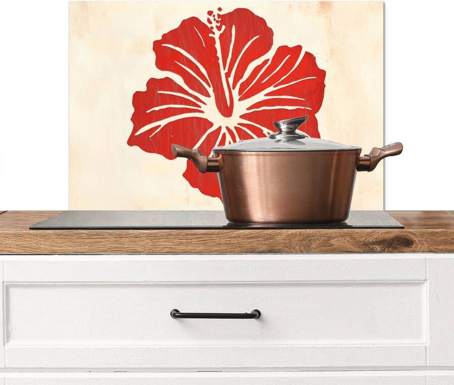 KitchenYeah Spatscherm keuken 70x50 cm Kookplaat achterwand Rode hibiscusbloem Textuur achtergrond Beige Muurbeschermer Spatwand fornuis Hoogwaardig aluminium