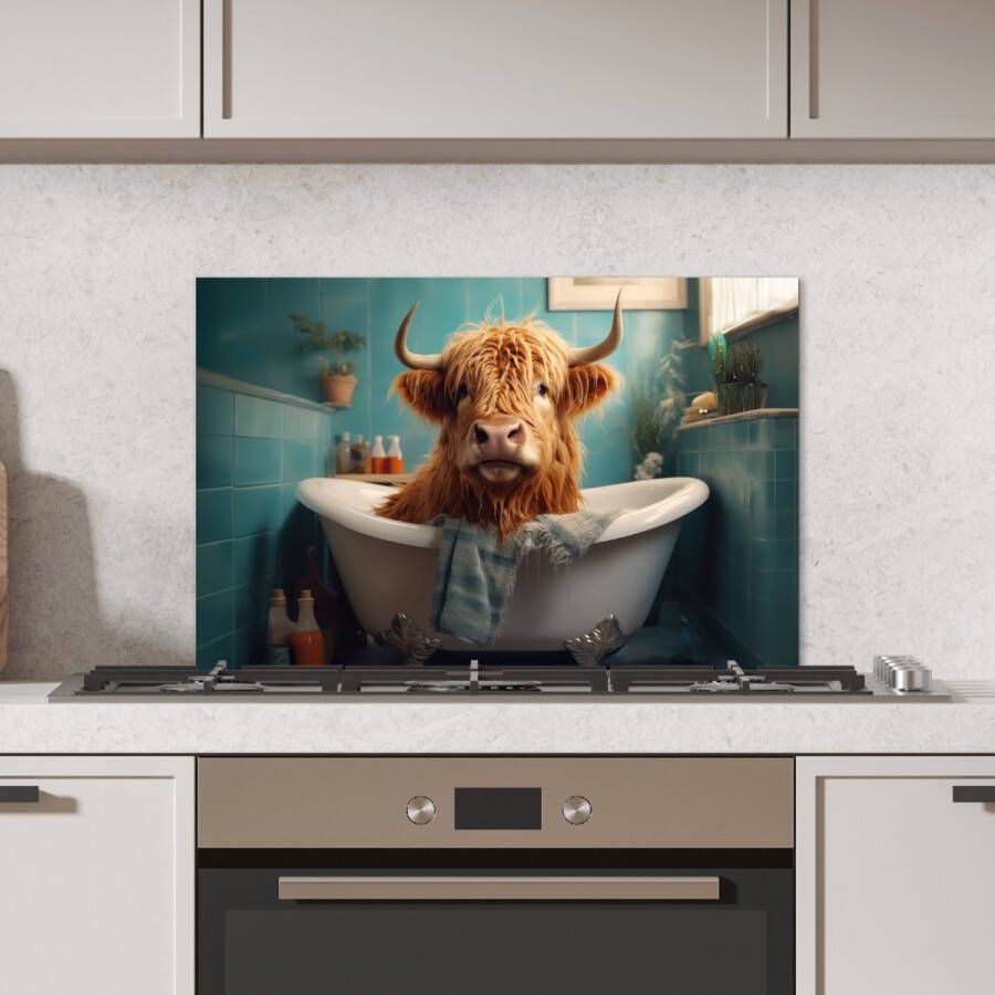 KitchenYeah Spatscherm keuken 70x50 cm Kookplaat achterwand Schotse hooglander Badkamer Blauw Bad Muurbeschermer Spatwand fornuis Hoogwaardig aluminium