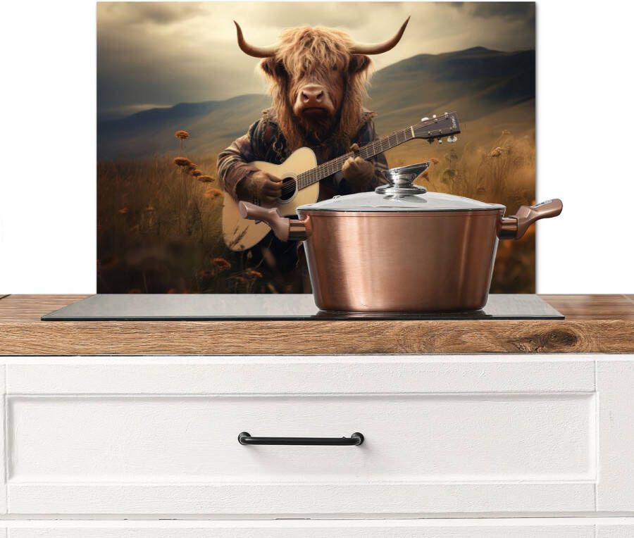 KitchenYeah Spatscherm keuken 70x50 cm Kookplaat achterwand Schotse hooglander Gitaar Bloemen Bergen Muurbeschermer Spatwand fornuis Hoogwaardig aluminium
