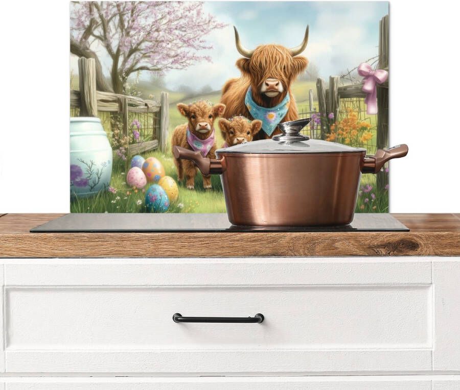 KitchenYeah Spatscherm keuken 70x50 cm Kookplaat achterwand Schotsehooglanders Paaseieren Lente Muurbeschermer Spatwand fornuis Hoogwaardig aluminium
