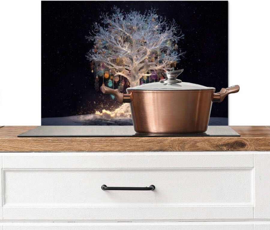 KitchenYeah Spatscherm keuken 70x50 cm Kookplaat achterwand Sneeuwboom Lichtjes Wit Kleurrijk Muurbeschermer Spatwand fornuis Hoogwaardig aluminium