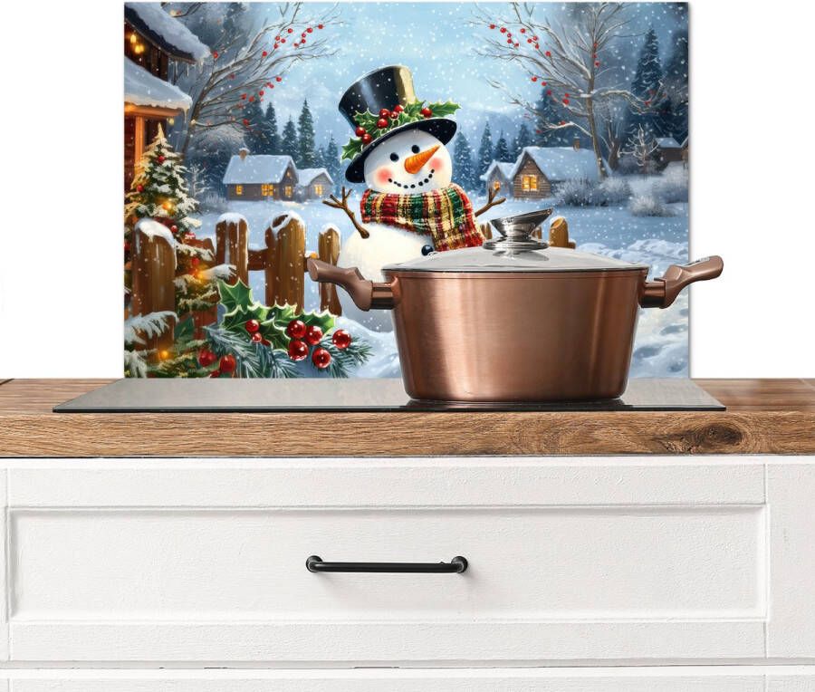 KitchenYeah Spatscherm keuken 70x50 cm Kookplaat achterwand Sneeuwpop Winterdorp Kleurrijk Muurbeschermer Spatwand fornuis Hoogwaardig aluminium