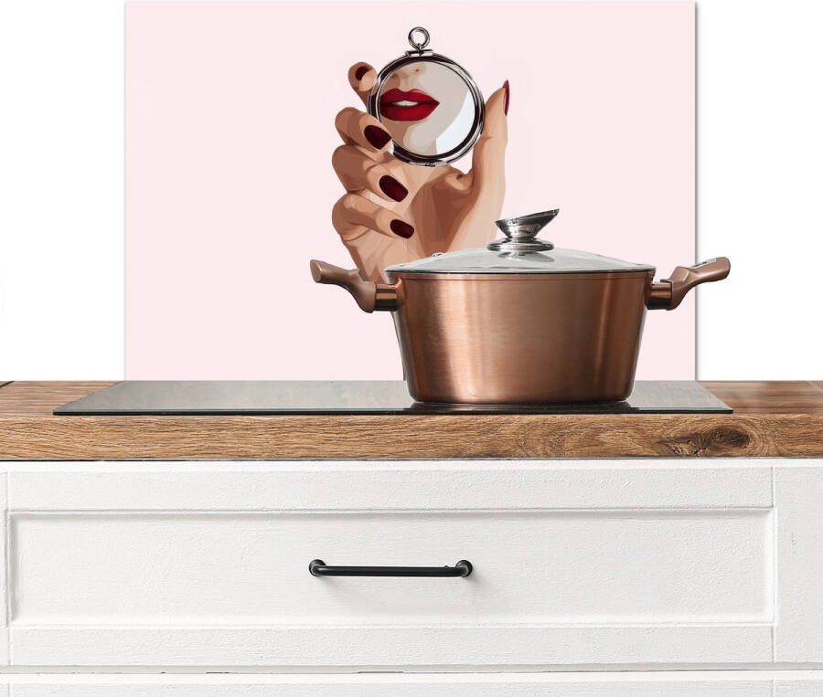 KitchenYeah Spatscherm keuken 70x50 cm Kookplaat achterwand Spiegel Rode lippen Muurbeschermer Spatwand fornuis Hoogwaardig aluminium