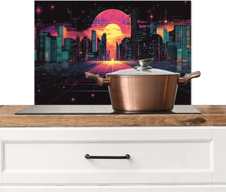 KitchenYeah Spatscherm keuken 70x50 cm Kookplaat achterwand Stad Gebouwen Zon Geel Muurbeschermer Spatwand fornuis Hoogwaardig aluminium