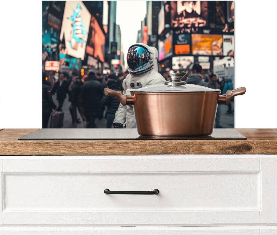 KitchenYeah Spatscherm keuken 70x50 cm Kookplaat achterwand Stad Mensen Astronaut Wit Muurbeschermer Spatwand fornuis Hoogwaardig aluminium