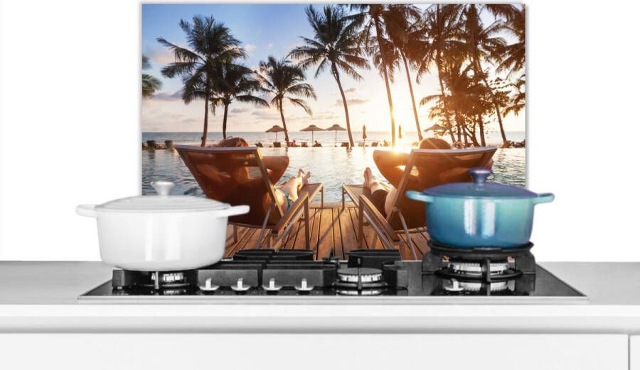 KitchenYeah Spatscherm keuken 70x50 cm Kookplaat achterwand Strand Zee Palmboom Muurbeschermer Spatwand fornuis Hoogwaardig aluminium