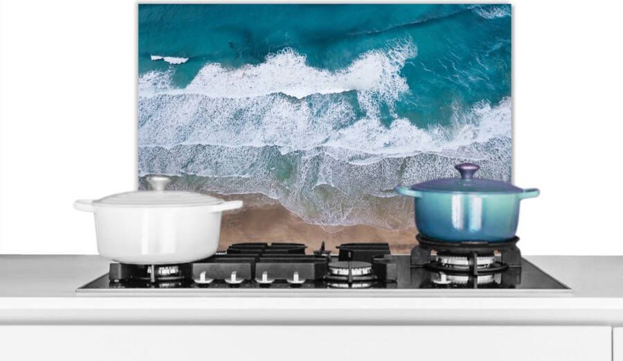 KitchenYeah Spatscherm keuken 70x50 cm Kookplaat achterwand Strand Zee Water Blauw Muurbeschermer Spatwand fornuis Hoogwaardig aluminium