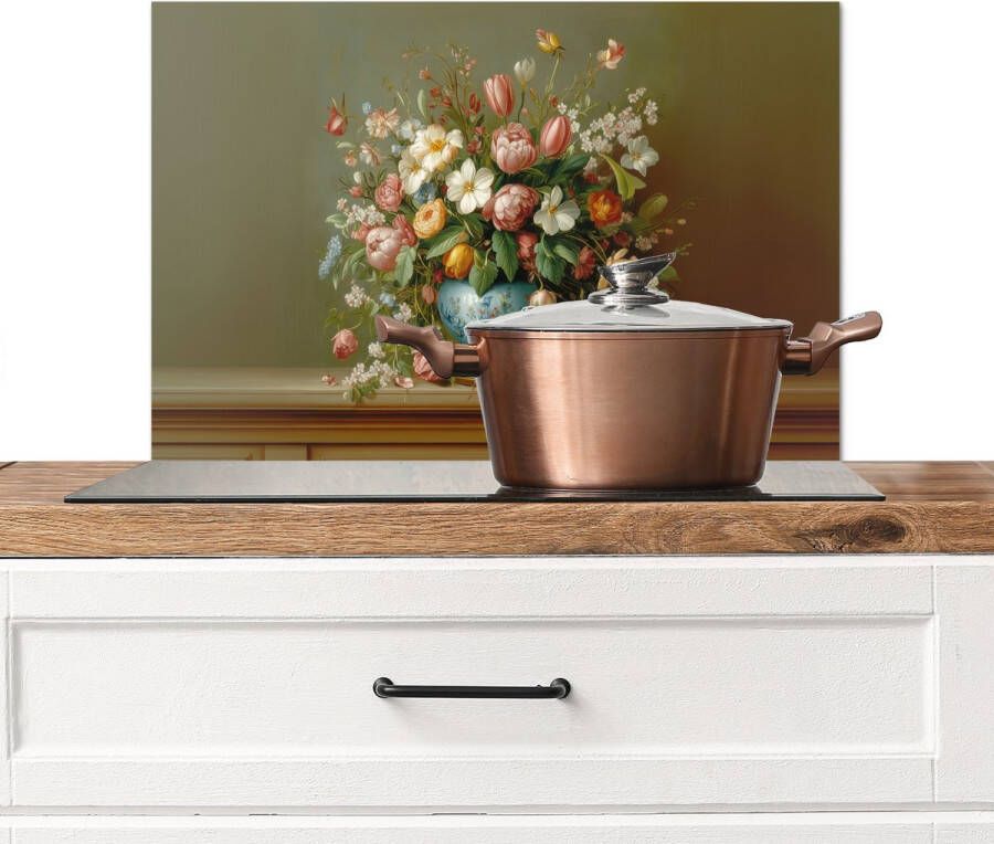 KitchenYeah Spatscherm keuken 70x50 cm Kookplaat achterwand Vaas Pastel Kleuren Bloemen Muurbeschermer Spatwand fornuis Hoogwaardig aluminium