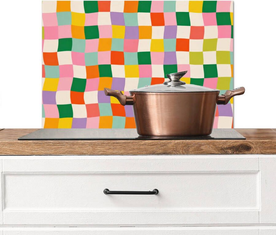 KitchenYeah Spatscherm keuken 70x50 cm Kookplaat achterwand Vierkanten Kleurrijk Golvend Muurbeschermer Spatwand fornuis Hoogwaardig aluminium