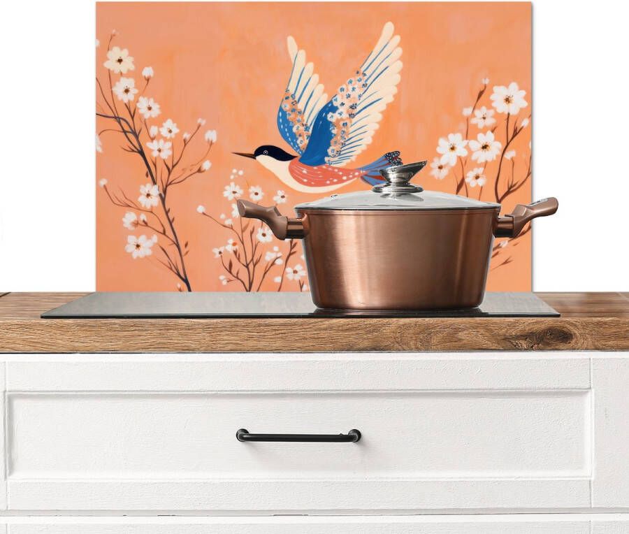 KitchenYeah Spatscherm keuken 70x50 cm Kookplaat achterwand Vogel Bloesemtakken Warm Kleurrijk Muurbeschermer Spatwand fornuis Hoogwaardig aluminium