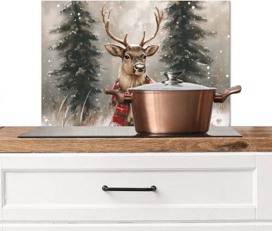 KitchenYeah Spatscherm keuken 70x50 cm Kookplaat achterwand Winter Bos Rendier Donker Muurbeschermer Spatwand fornuis Hoogwaardig aluminium
