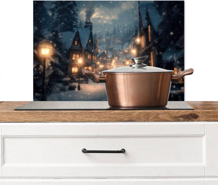 KitchenYeah Spatscherm keuken 70x50 cm Kookplaat achterwand Winterdorp Sneeuw Donker Muurbeschermer Spatwand fornuis Hoogwaardig aluminium