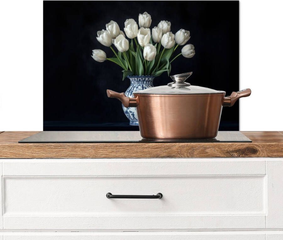 KitchenYeah Spatscherm keuken 70x50 cm Kookplaat achterwand Wit Bloemen Tulpen Vaas Muurbeschermer Spatwand fornuis Hoogwaardig aluminium