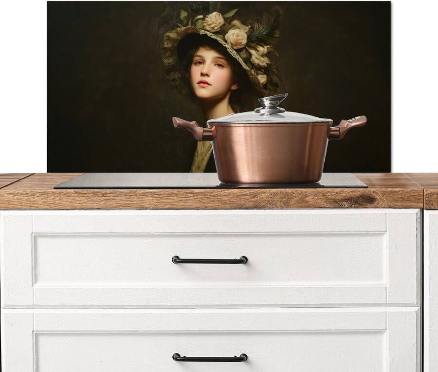 KitchenYeah Spatscherm keuken 80x40 cm Kookplaat achterwand Bloemenhoed Portret Vrouw Muurbeschermer Spatwand fornuis Hoogwaardig aluminium