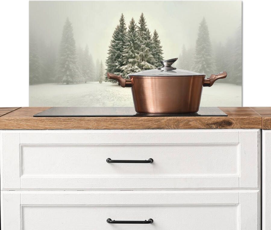 KitchenYeah Spatscherm keuken 80x40 cm Kookplaat achterwand Bomen Sneeuw Wit Muurbeschermer Spatwand fornuis Hoogwaardig aluminium