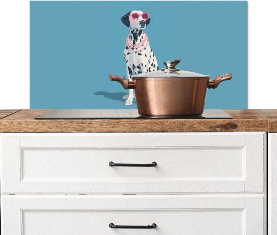 KitchenYeah Spatscherm keuken 80x40 cm Kookplaat achterwand Dalmatiër Zonnebril Blauw Muurbeschermer Spatwand fornuis Hoogwaardig aluminium