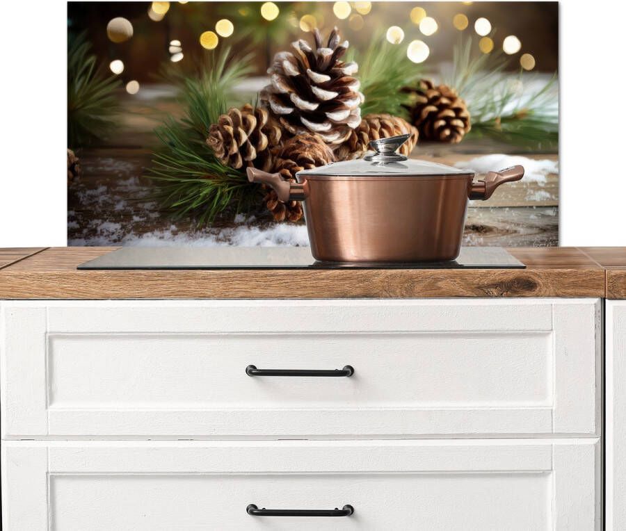 KitchenYeah Spatscherm keuken 80x40 cm Kookplaat achterwand Dennenappels Kerstsfeer Bruin Groen Muurbeschermer Spatwand fornuis Hoogwaardig aluminium