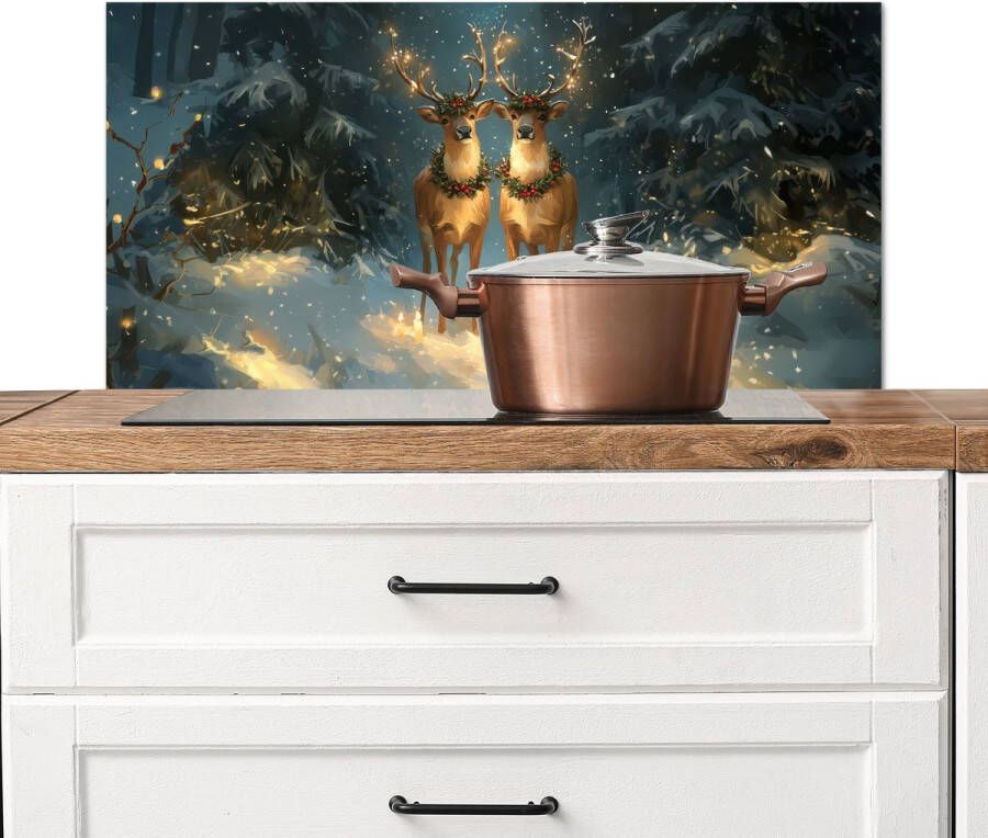 KitchenYeah Spatscherm keuken 80x40 cm Kookplaat achterwand Dennensprookje Rendier Nacht Muurbeschermer Spatwand fornuis Hoogwaardig aluminium